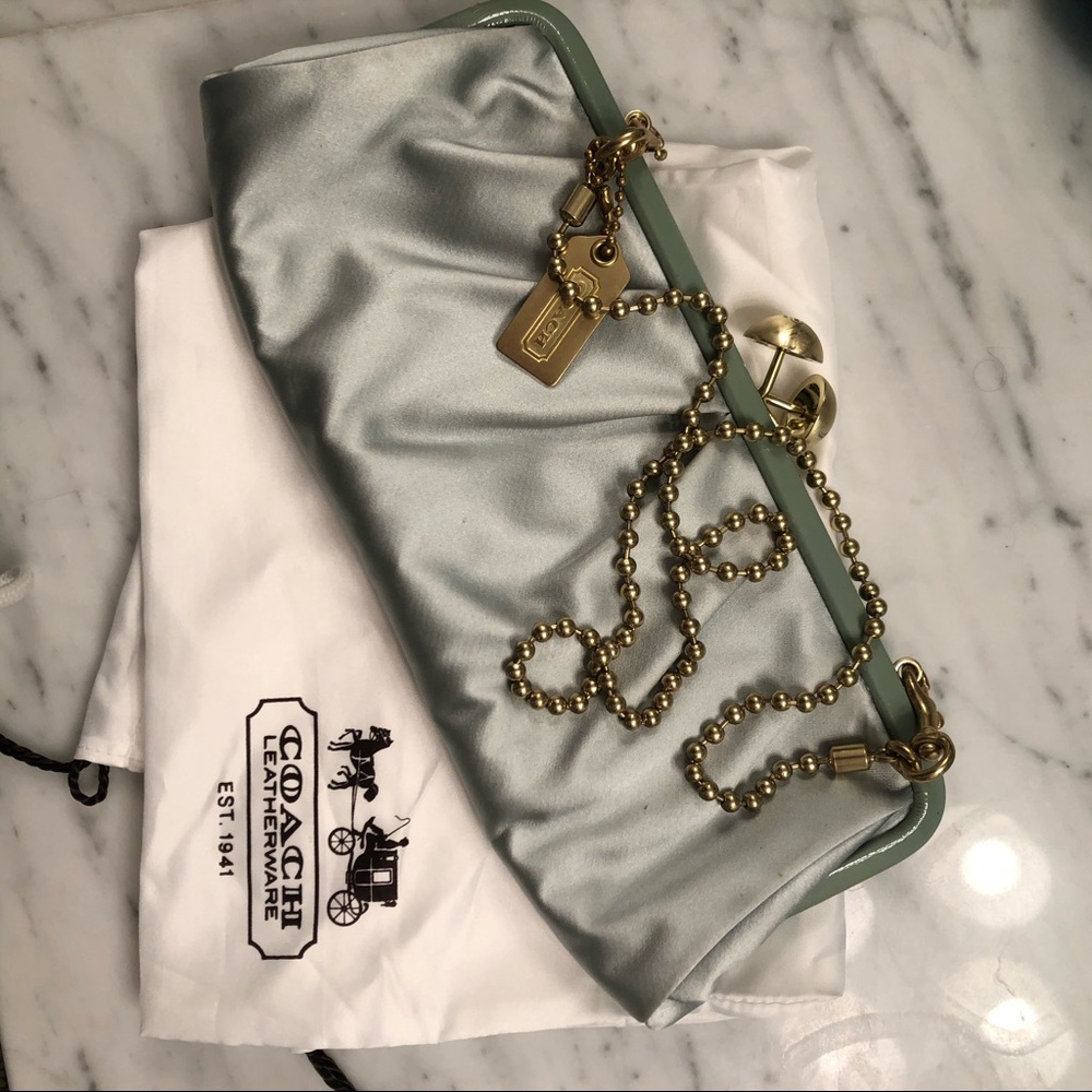 COACH Amanda satin Darcy clutch light blue